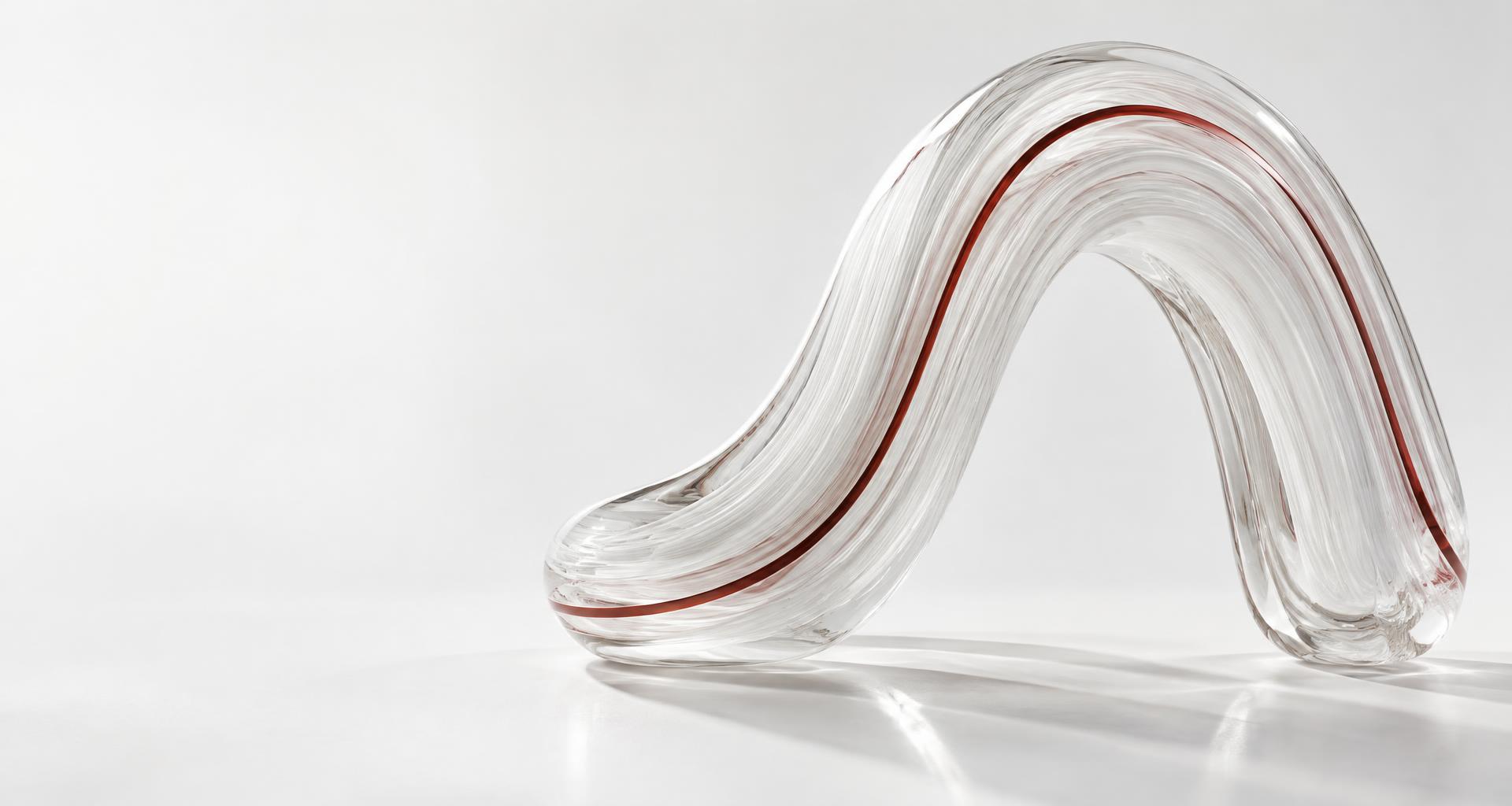 Sculptural glass ribbon with continuous red thread representing integrated intelligence
