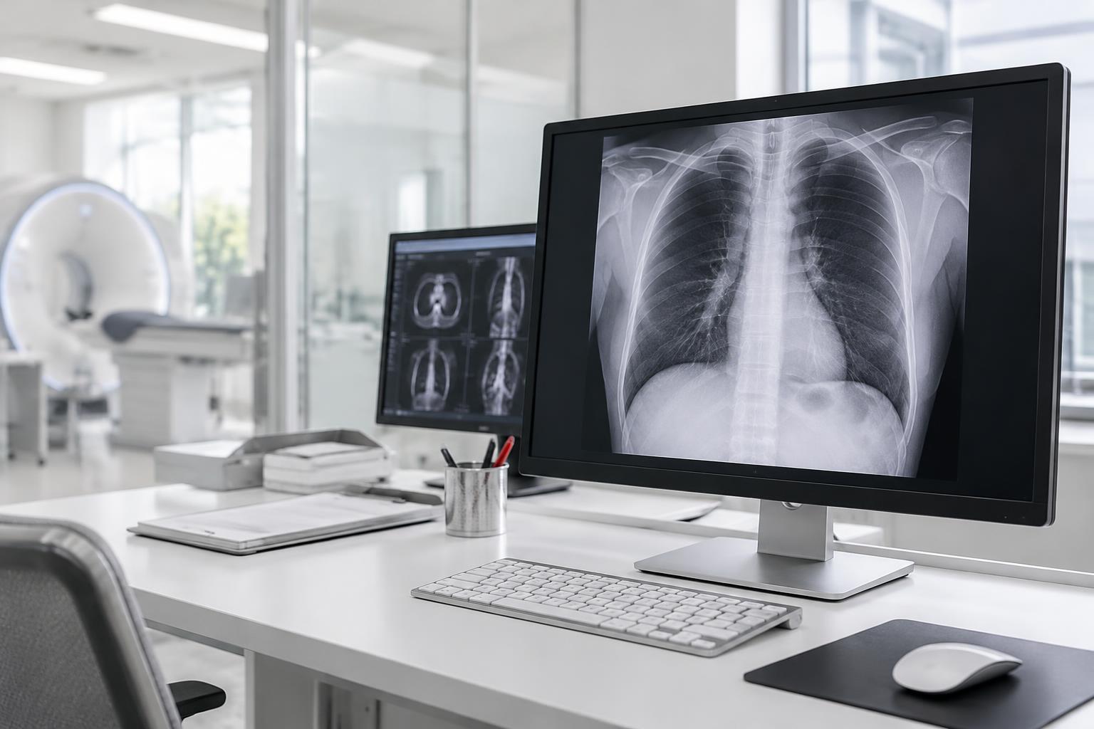 Illustrative medical imaging workstation showing radiology displays
